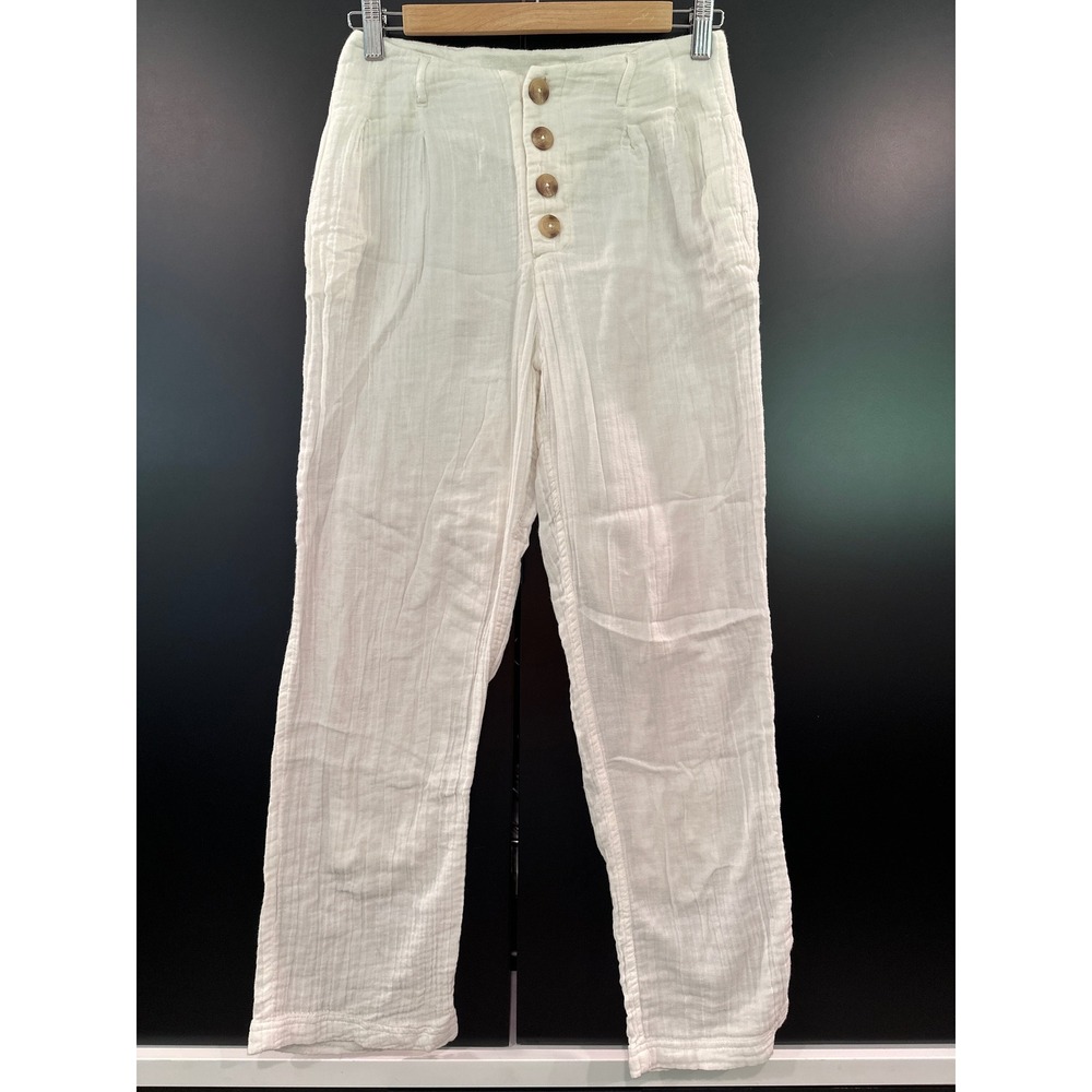 L*Space Womens White Cotton Gauze Button‎ Fly High Rise Straight Leg Pants XS